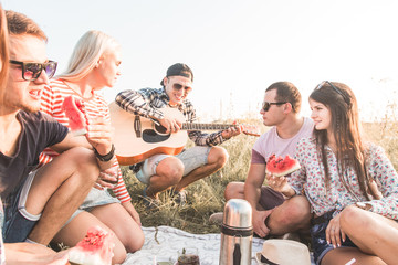 Happy young friends having picnic in the park.They are all happy,having fun,smiling and playing guitar.