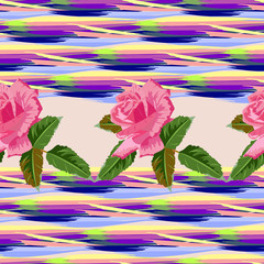 Seamless pattern with beautiful delicate roses on striped background. Flower background for textile, cover, wallpaper, gift packaging, printing.Romantic design for calico, silk.