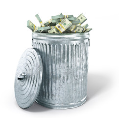 Trash can full of money isolated on a white background