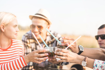 happy couple in love at a picnic. two young people have a rest on the nature, have fun. Summer holidays