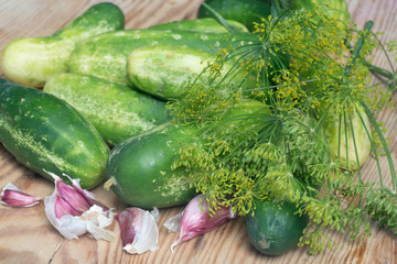 fresh cucumbers garlic and dill on wooden table
