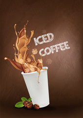 Iced coffee pouring down into a takeaway cup on dark background. vector and illustration.