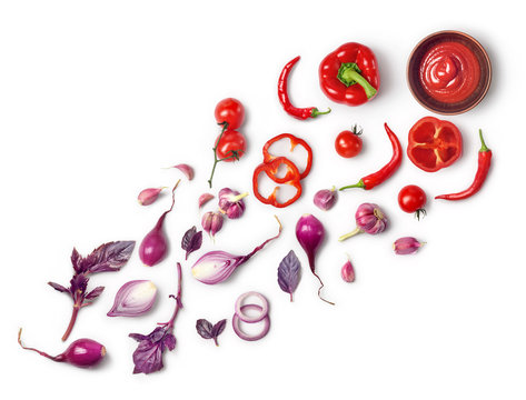 Healthy eating. Vegetables red and violet: pepper, tomato, onion, basil, on white background. Photo studio. Healthy food, top view. High Resolution Product