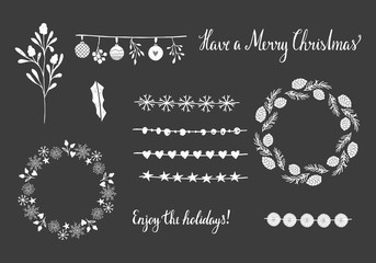 Set of simple seasonal garlands and dividers. Hand drawn winter lettering. Isolated vintage Christmas elements.