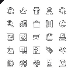 Thin line e-commerce, online shopping and delivery elements icons set for website and mobile site and apps. Outline icons design. 48x48 Pixel Perfect. Linear pictogram pack. Vector illustration.