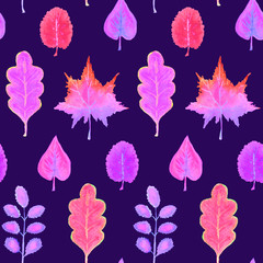 Obraz premium Colorful autumn leaves variety (different shapes), hand painted watercolor illustration in soft purple pink palette, seamless pattern on dark blue background