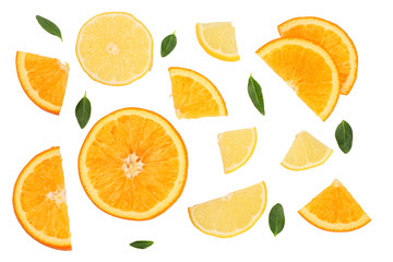 Slices of the lemons and orange isolated on white. The view from the top