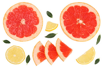 Grapefruit and lemon isolated on white. Flat lay
