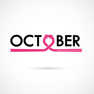 Breast Cancer October Awareness Month Typographical Campaign Background.Women health vector design.Breast cancer awareness logo design.Breast cancer awareness month icon.Realistic pink ribbon.