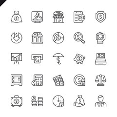 Thin line money, finance, payments elements icons set for website and mobile site and apps. Outline icons design. 48x48 Pixel Perfect. Linear pictogram pack. Vector illustration.
