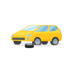 Yellow car with punctured tire. Flat vector element for advertising poster or flyer of automobile repair workshop