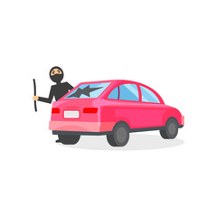 Man in black mask broke window in pink automobile. Car thief. Robber with crowbar in hand. Criminal behavior. Flat vector icon