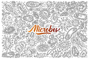 Hand drawn different bacteria and viruses.