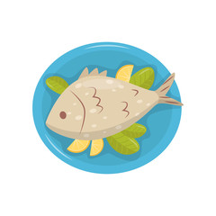 Grilled fish with pieces of lemon and green leaves on blue plate. Traditional dish of Croatian cuisine. Culinary theme. Flat vector design