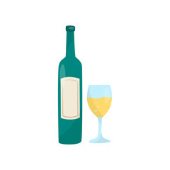 Green bottle of wine and glass. Delicious alcoholic drink. Traditional Croatian beverage. Flat vector element for cafe or restaurant menu