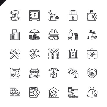 Thin line insurance elements icons set for website and mobile site and apps. Outline icons design. 48x48 Pixel Perfect. Linear pictogram pack. Vector illustration.