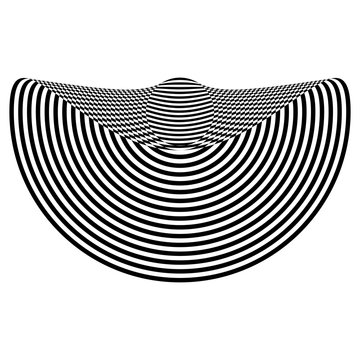 Abstract black and white striped semicircular object. Geometric pattern with visual distortion effect. Illusion of rotation. Op art. Isolated on white background.