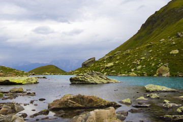 Mountain  lake in Racha, Georgia. Summer time, travel destination, alpine zone.