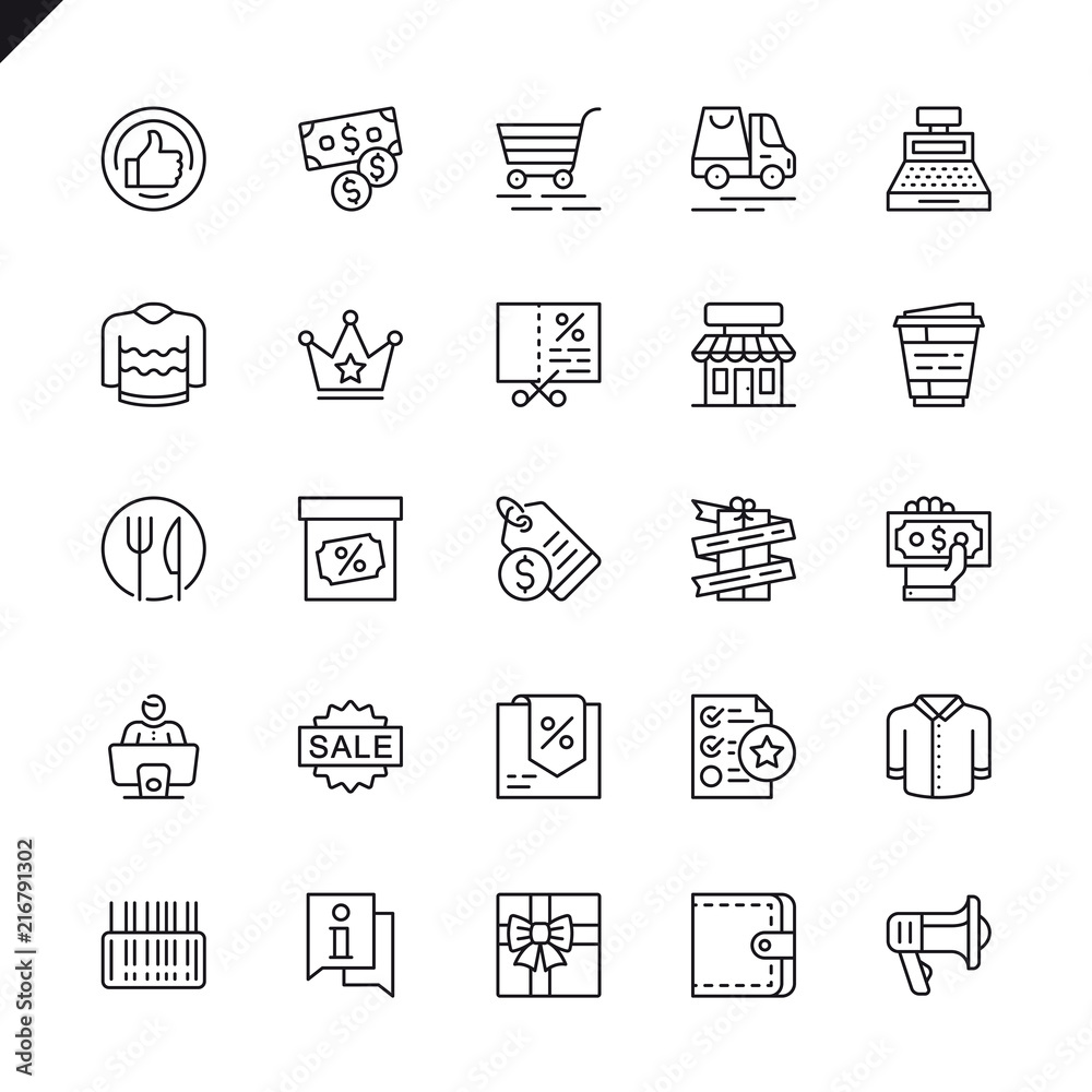 Poster thin line shopping malls, retail icons set for website and mobile site and apps. outline icons desig