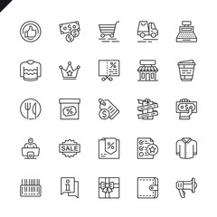 Thin line shopping malls, retail icons set for website and mobile site and apps. Outline icons design. 48x48 Pixel Perfect. Linear pictogram pack. Vector illustration.