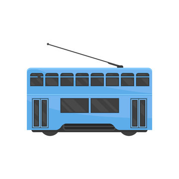 Flat Vector Icon Of Blue Hong Kong Tramway. Public Chinese Transport. Urban Tram-train. Modern Rail Vehicle