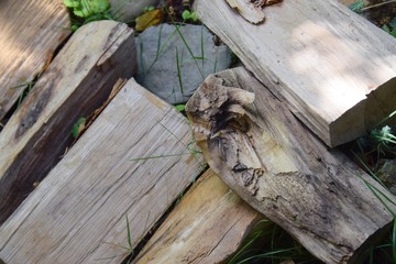 Herumliegendes Brennholz auf einem Gartenweg im Sommer