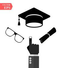 Fototapeta na wymiar graduation cap and diploma black web icon. vector illustration. A hand pointing to graduation cap icon.