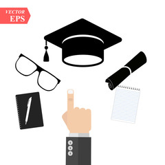 Fototapeta na wymiar graduation cap and diploma black web icon. vector illustration. A hand pointing to graduation cap icon. Glass, Pen, book.