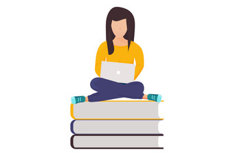 Vector illustration for book reading or online library promotion: Girl with notebook sitting on books.