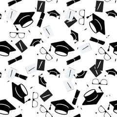 Graduation cap and diploma scroll seamless background. Higher education celebration anniversary symbol pattern. Black and white texture backdrop. Vector outline illustration