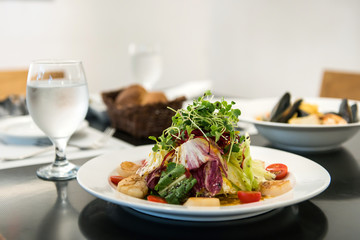 Italian restaurant Scallops Salad, grilled scallops shell with vegetable