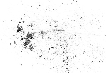 Black powder explosion, charcoal dust texture isolated on white background