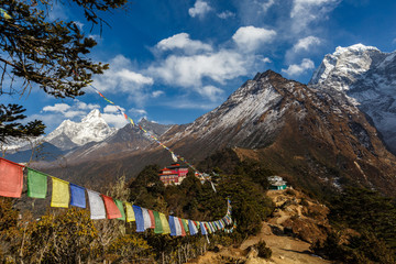 Mt. Everest and Mt. Ama Dablam from monastery Tengboche on route to Everest, Tengboche, Nepal.