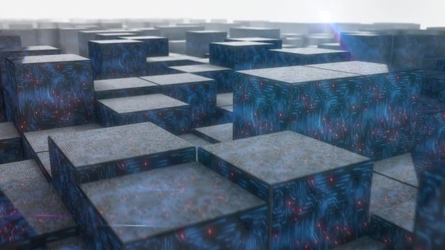 Seamless looping 3d animated cubes with a blue circuit board texture and red blinking lights in 4K resolution