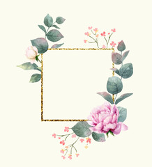 Watercolor vector hand painting composition from the flowers, green leaves and gold geometric frame.