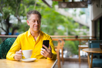 Fototapeta na wymiar Mature Handsome Man Sitting In Coffee Shop While Using Mobile Phone