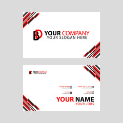 Horizontal name card with BD logo Letter and simple red black and triangular decoration on the edge.