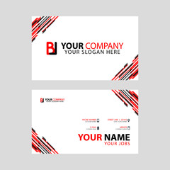 Horizontal name card with BL logo Letter and simple red black and triangular decoration on the edge.