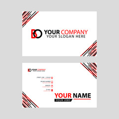 Horizontal name card with BO logo Letter and simple red black and triangular decoration on the edge.