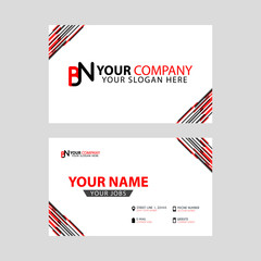 Horizontal name card with BN logo Letter and simple red black and triangular decoration on the edge.