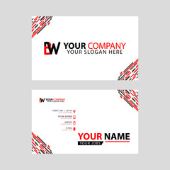 Horizontal name card with BW logo Letter and simple red black and triangular decoration on the edge.