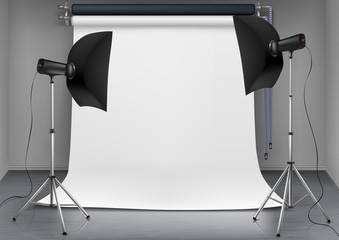 Vector realistic illustration of empty room with blank white screen, studio lights with soft boxes on tripod stands. Concept background with modern lighting equipment for professional photography - obrazy, fototapety, plakaty