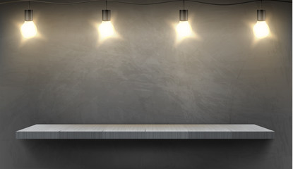 Vector realistic background with empty wooden shelf illuminated by electric bulbs, hanging on textured wall. Showroom with platform for exhibits, mockup with bookshelf and lights © vectorpocket
