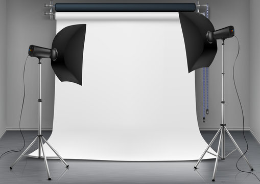 Vector realistic illustration of empty room with blank white screen, studio lights with soft boxes on tripod stands. Concept background with modern lighting equipment for professional photography