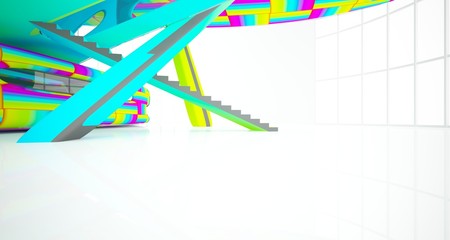 Abstract dynamic interior with black and colored gradient smooth objects. 3D illustration and rendering