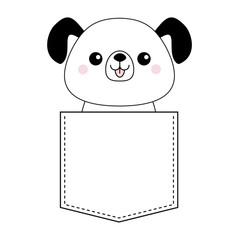 Cute cartoon dog in the pocket. Doodle contour linear sketch. Puppy pooch character. Funny pet animal. Dash line. White and black color. T-shirt design. Baby background. Flat design