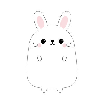 Bunny rabbit. Funny head face. Doodle linear sketch. Pink cheeks. Cute kawaii cartoon character. Baby greeting card template. Happy Easter sign symbol. White background. Flat design.
