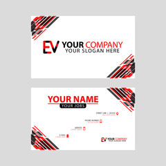 Letter EV logo in black which is included in a name card or simple business card with a horizontal template.