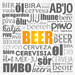 Naklejka na ściany i meble BEER in different languages of the world (english, french, german, etc) Word Cloud collage, multilingual background