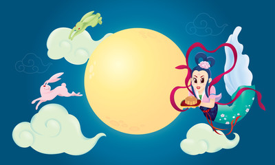 Chinese Mid Autumn Festival design with the goddess Chang Er and rabbits. 